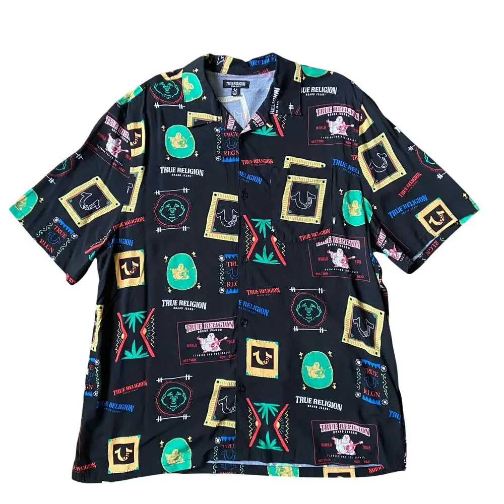 True Religion Resort Print Camp Collar Button Up Shirt Black